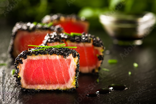 Fried tuna steak in black sesame