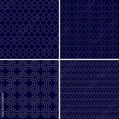 Set of 4 dotted ornamental dark blue seamless patterns