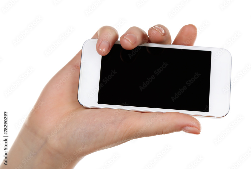 Hand holding mobile smart phone isolated on white Hand holding mobile smart phone isolated on white