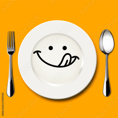 Vector of hungry face draw on white plate with spoon and fork