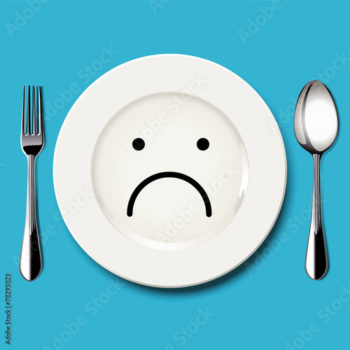 Vector of sad face draw on white plate with spoon and fork