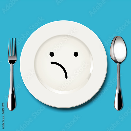 Vector of unsure face draw on white plate with spoon and fork