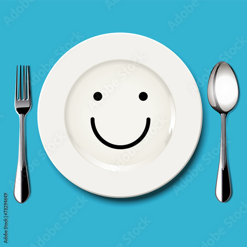 Vector of smile face draw on white plate with spoon and fork