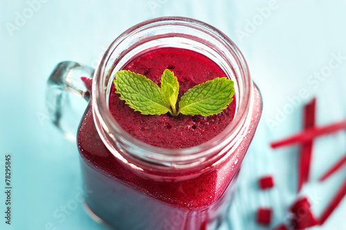 Wallpaper Mural Beetroot smoothie healthy and mint herb on blue wooden Torontodigital.ca