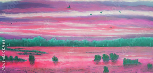 Photography Sunset at the lake, birds in the sky