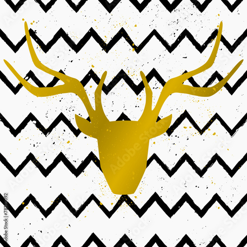 Golden Deer Head on Chevron Background