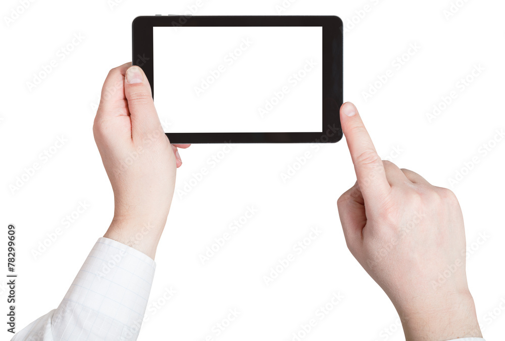 businessman finger clicking tablet pc businessman finger clicking tablet pc
