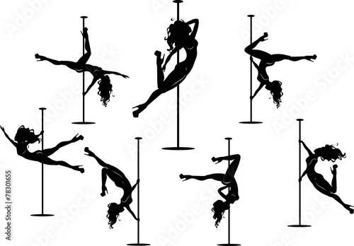 Seven pole dancers silhouettes