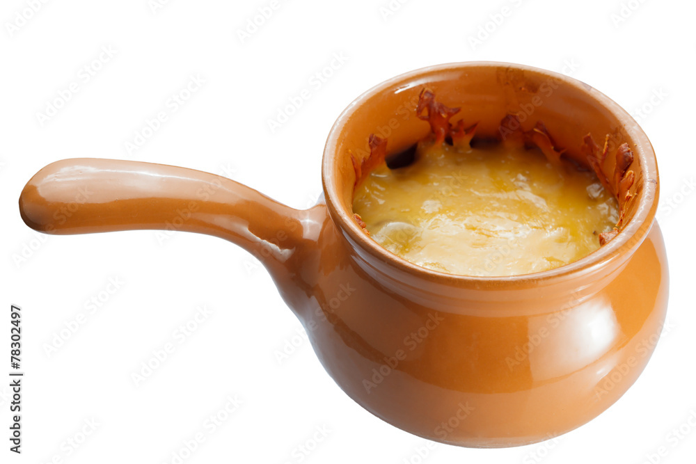 Roast with vegetables, meat and cheese in pottery. isolation Roast with vegetables, meat and cheese in pottery. isolation