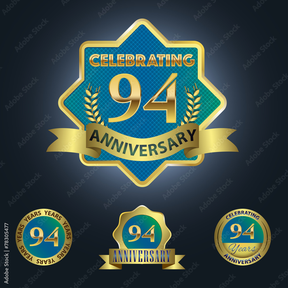 Naklejka premium Celebrating 94 Years Anniversary - Blue seal with golden ribbon