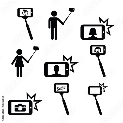 Selfie stick with mobile or cell phone icons set