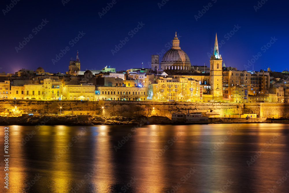 View to Valetta city historical buildings at night