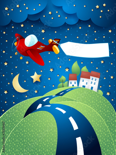 Night landscape with airplane, banner and hilly road
