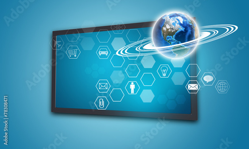 Touchscreen display with Globe and hexagons, on blue background