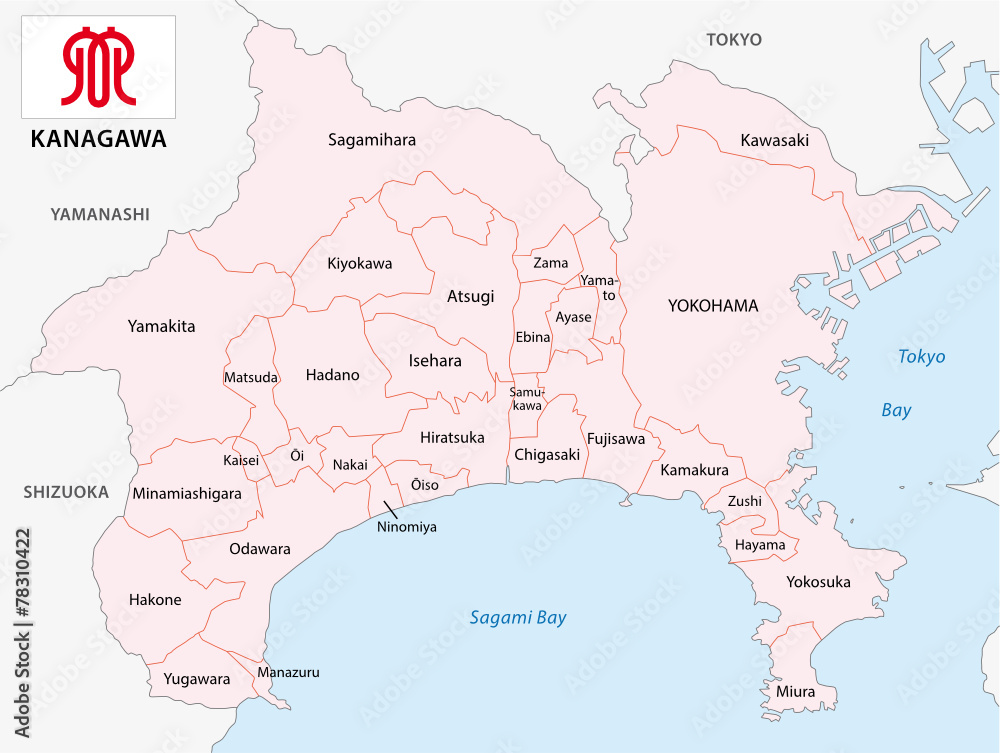 kanagawa prefecture map with flag