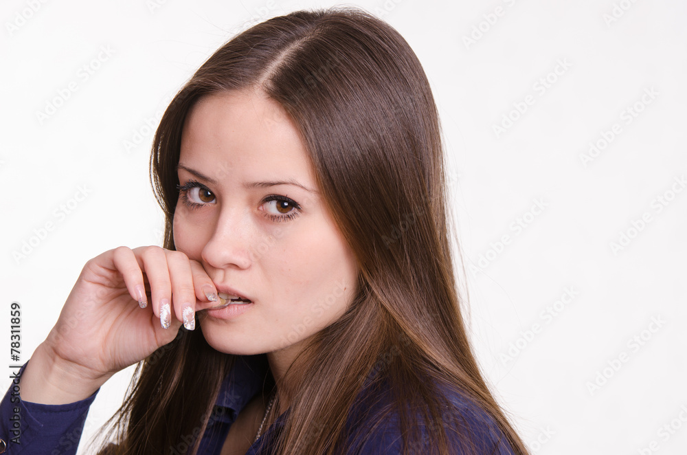 Beautiful girl raised hand to her mouth Beautiful girl raised hand to her mouth
