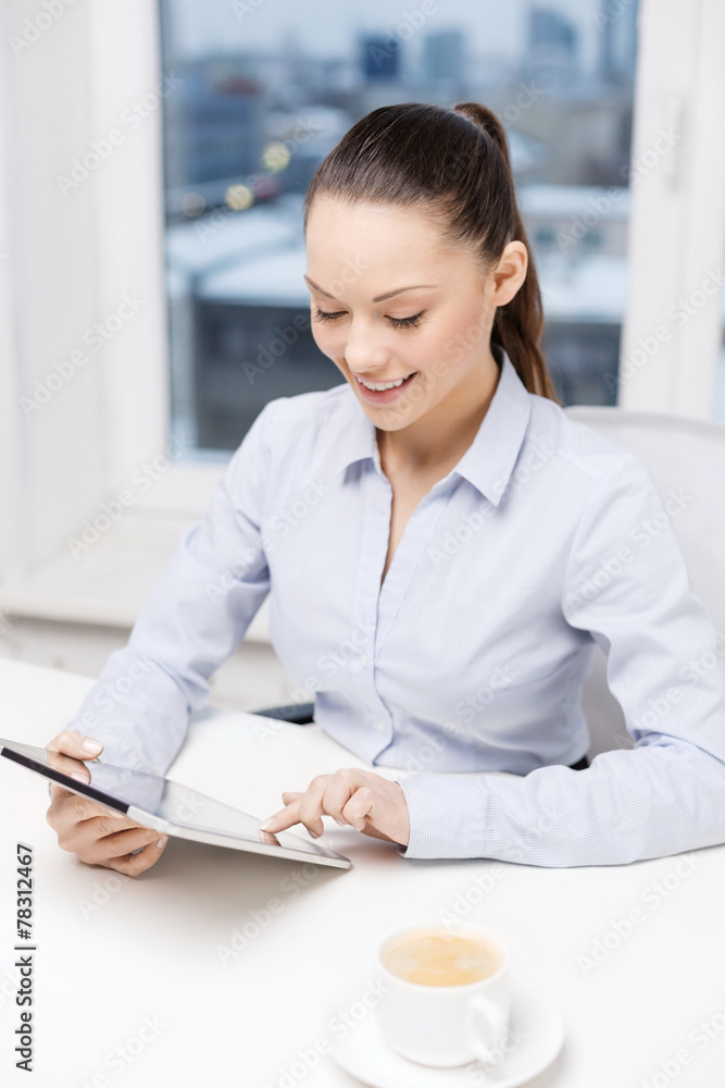 smiling businesswoman with tablet pc in office smiling businesswoman with tablet pc in office