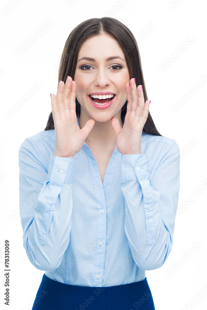 Woman calling with hands near her mouth Woman calling with hands near her mouth