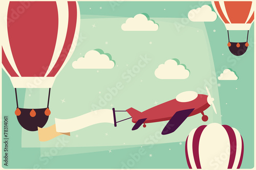 Background with hot air balloons and airplane with ribbon