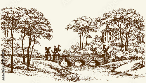 Stone Bridge in old park. Vector drawing