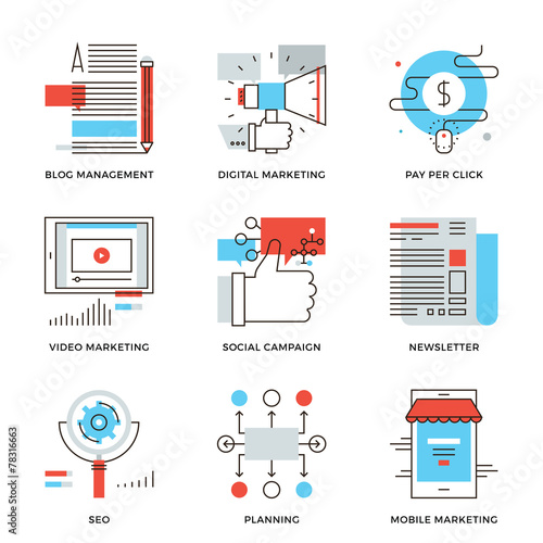 Digital marketing and advertising line icons set