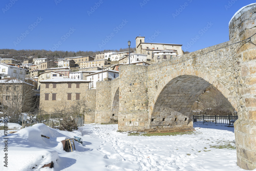 Town of Villoslada de Cameros in a snowy day, La Rioja, Spain