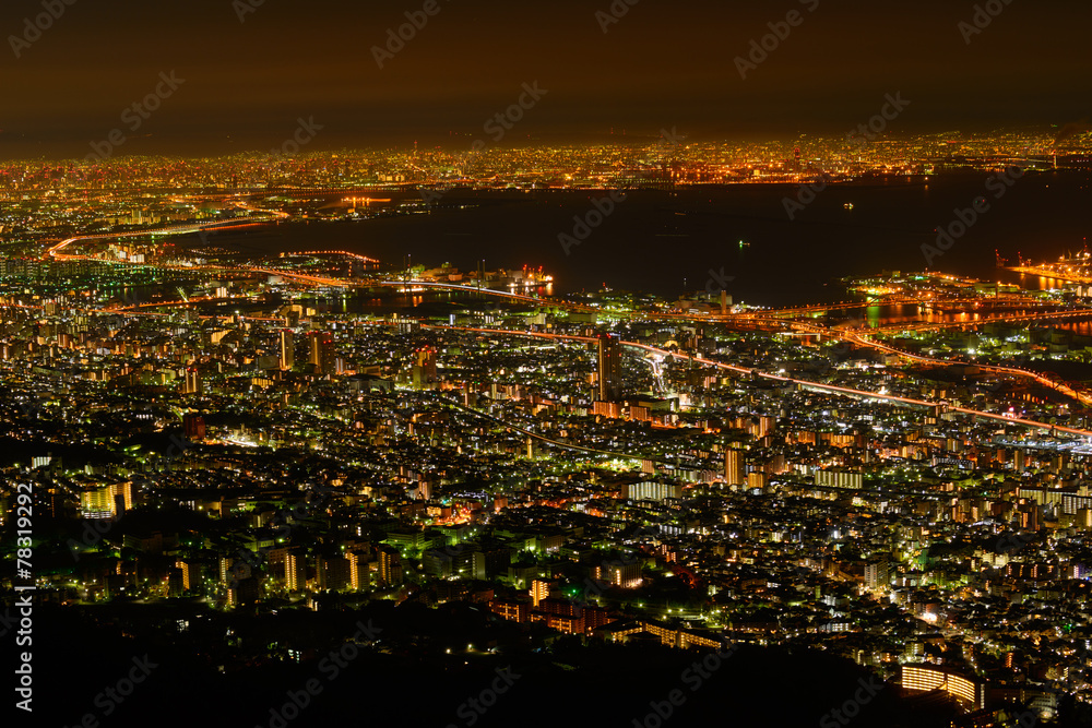 Osaka and Kobe at night, View from the Kukuseidai of Mt.Maya