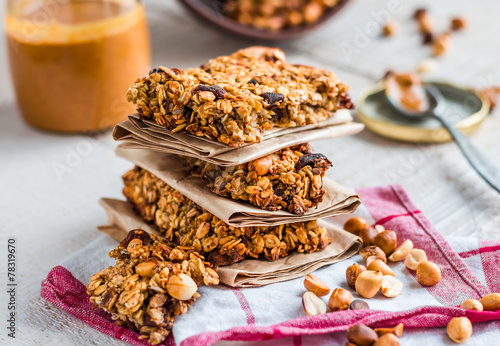protein bars granola with seeds, peanut butter and dried fruit,