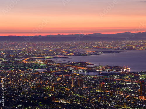 Osaka and Kobe in the twilight  View from the Kukuseidai of Mt.M
