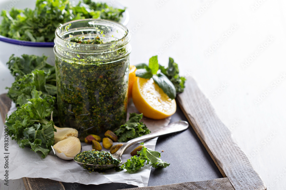 Kale pesto with pistachios, garlic and olive oil Kale pesto with pistachios, garlic and olive oil