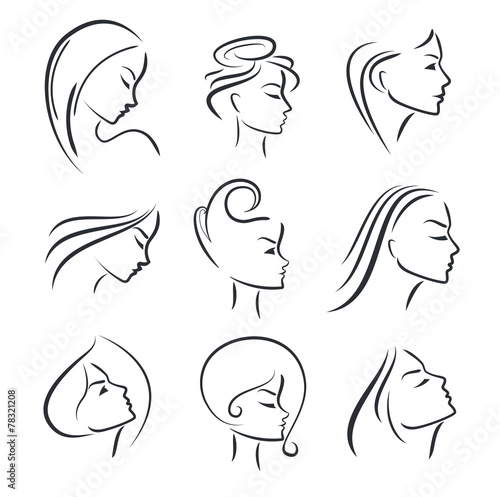 Girls portrait  - vector silhouette icon, monochrome