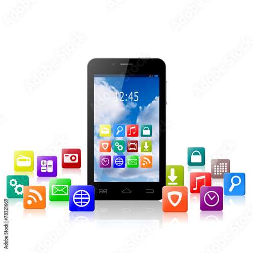 Touchscreen smartphone with cloud of colorful application icons