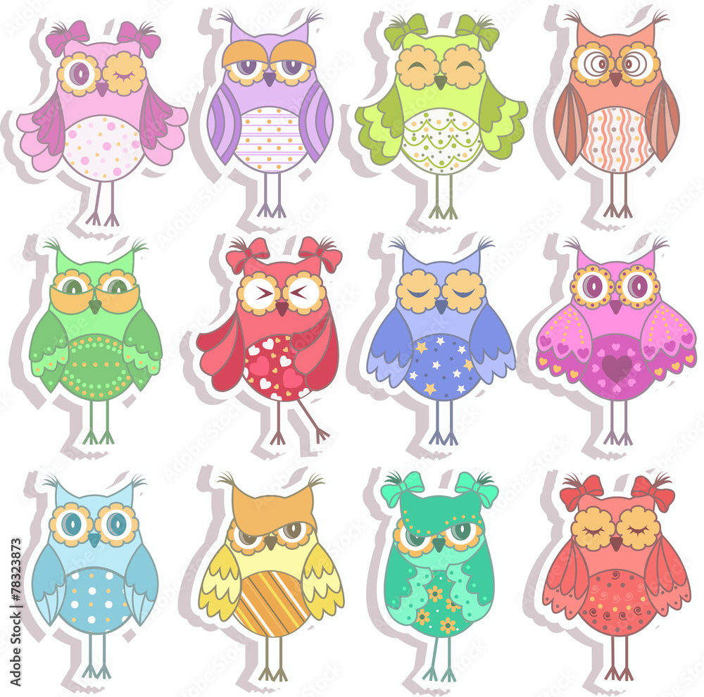 Obraz premium Set of multicolored, beautiful owls