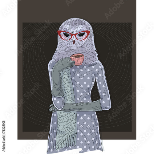 Owl woman drinking coffee