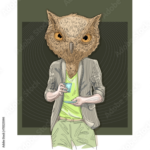 Owl man drinking coffee