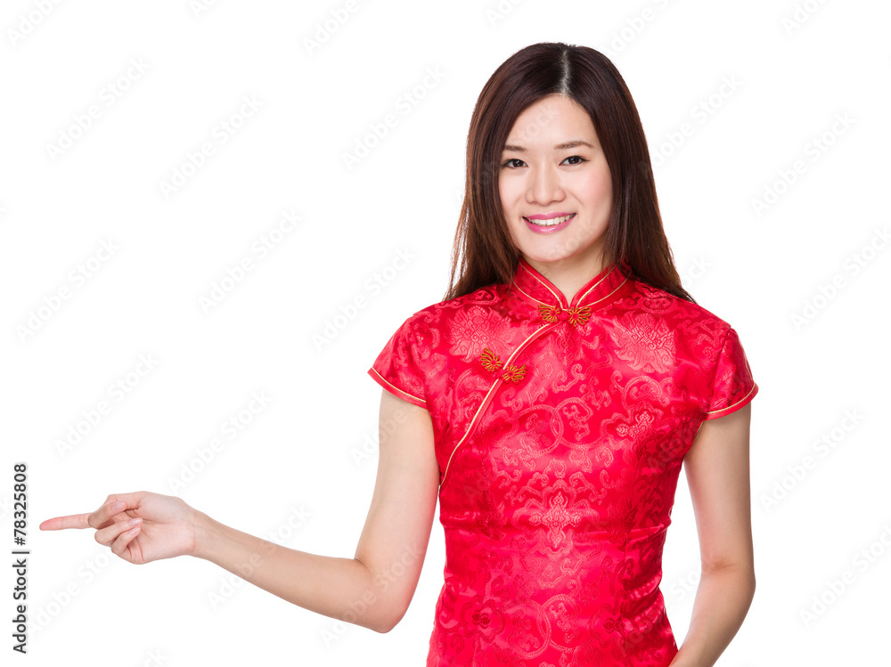Chinese woman with finger point aside Chinese woman with finger point aside
