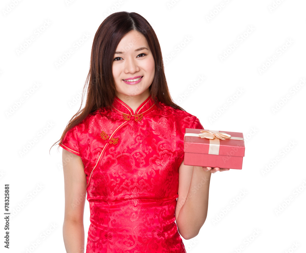 Chinese woman hold with present box Chinese woman hold with present box