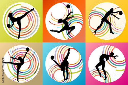 Art gymnastics with balls vector background set