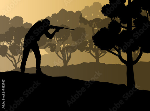 Hunter silhouette background landscape vector concept with fores