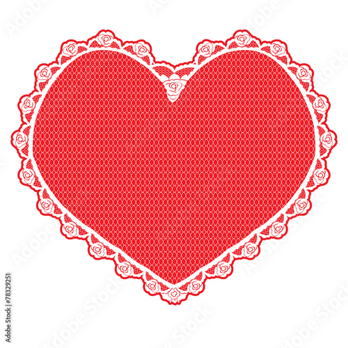 heart shape lace doily  white on red background