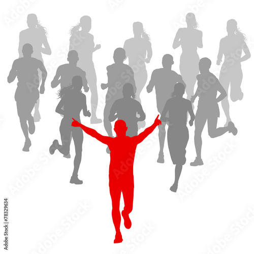Winner finish vector background and group of runners concept