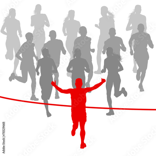 Winner finish vector background and group of runners concept
