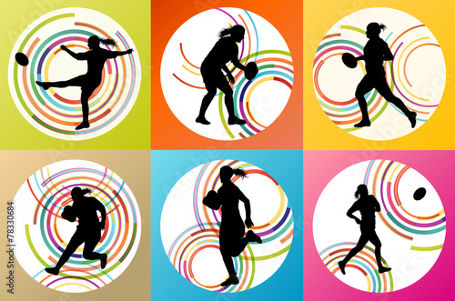 Rugby player woman silhouette vector background set