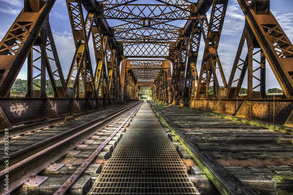 Looking Forward Over Old Abandoned Rusty Train Bridge - obrazy, fototapety, plakaty 