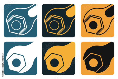 Set of vector tools, wrench and screw nut
