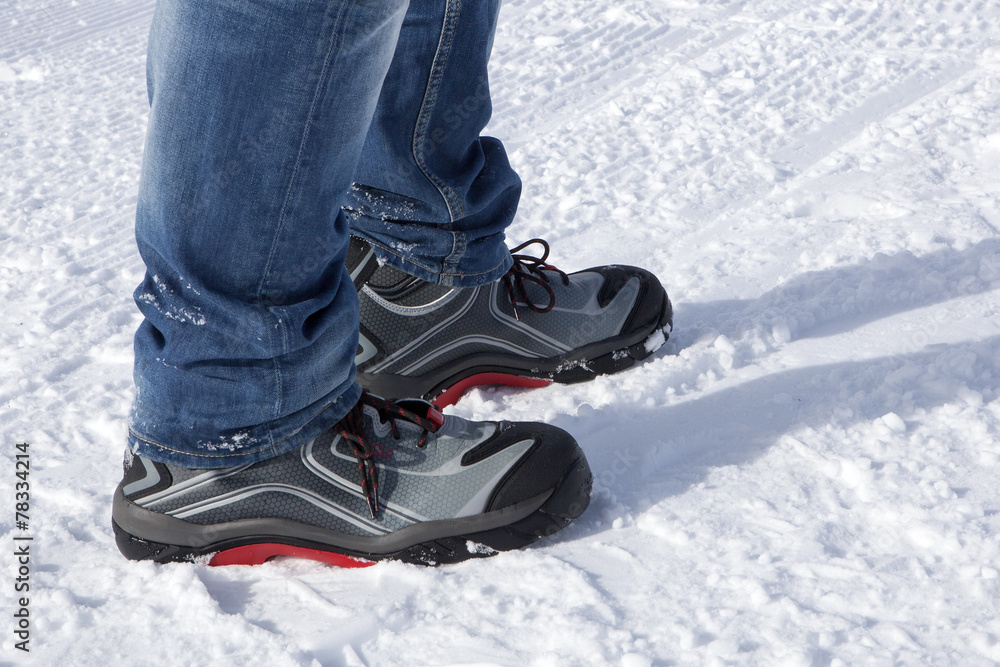Safety shoes in the snowy mountains Safety shoes in the snowy mountains