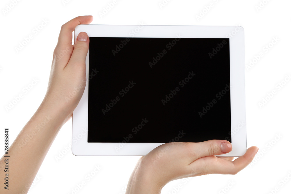 Hands holding tablet PC isolated on white