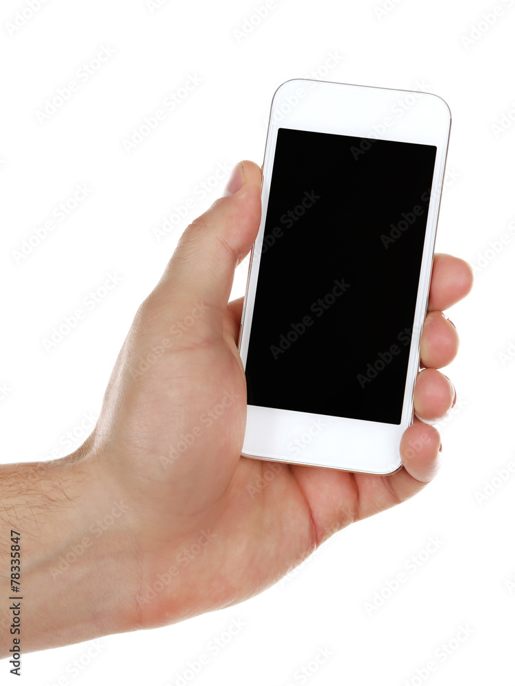 Hand holding mobile smart phone isolated on white Hand holding mobile smart phone isolated on white