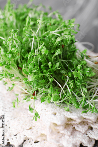Fresh cress salad on napkin and blurred wooden planks