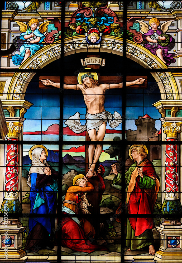 The Crucifixion, Stained Glass of Jesus on the Cross - obrazy, fototapety, plakaty 